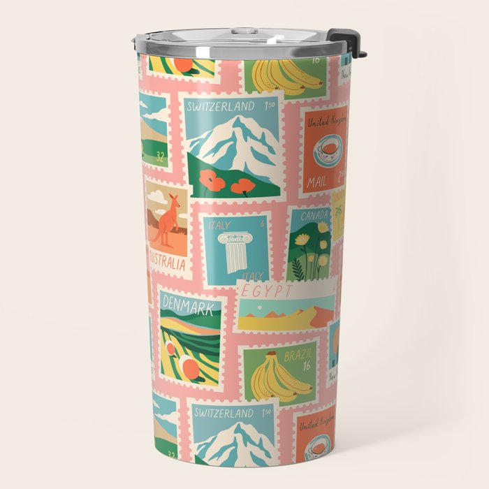 Vintage world travel postage stamp sticker pattern Travel Mug Gallery Image 2