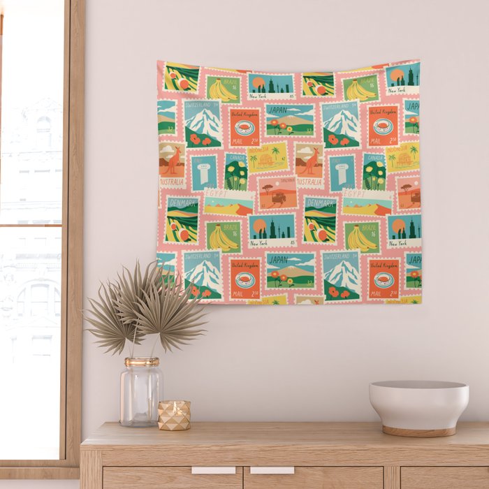 Vintage world travel postage stamp sticker pattern Wall Tapestry Gallery Image 2