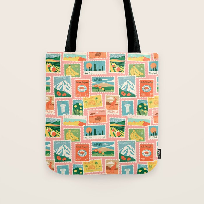 Vintage world travel postage stamp sticker pattern Tote Bag Gallery Image 1