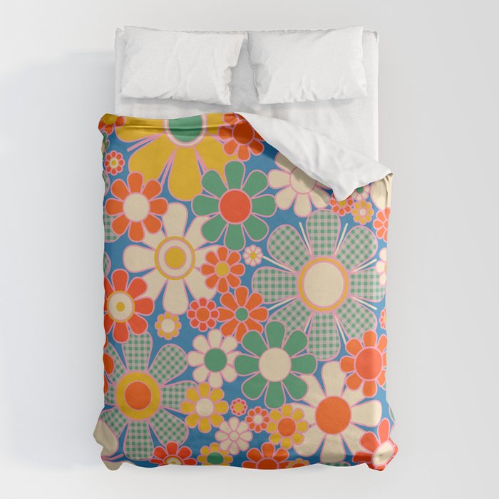 Retro Garden Gingham Flowers Vivid 60s 70s Floral Pattern Duvet Cover Gallery Image 6