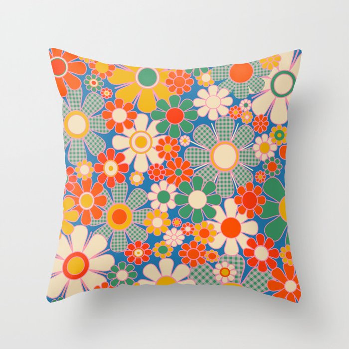 Retro Garden Gingham Flowers Vivid 60s 70s Floral Pattern Throw Pillow Gallery Image 1