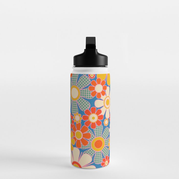 Retro Garden Gingham Flowers Vivid 60s 70s Floral Pattern Water Bottle Gallery Image 3