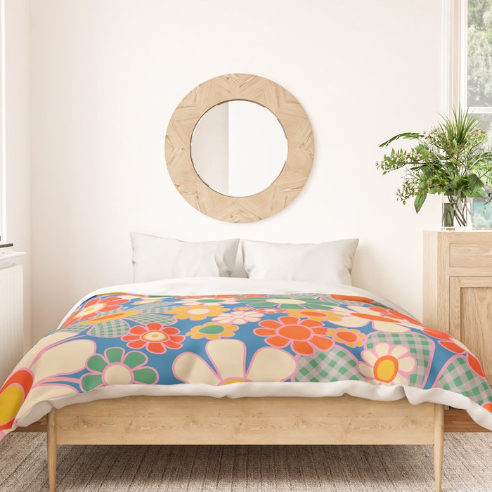 Retro Garden Gingham Flowers Vivid 60s 70s Floral Pattern Duvet Cover Gallery Image 3