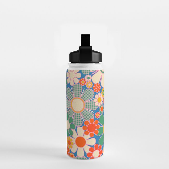 Retro Garden Gingham Flowers Vivid 60s 70s Floral Pattern Water Bottle Gallery Image 2