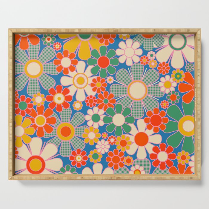 Retro Garden Gingham Flowers Vivid 60s 70s Floral Pattern Serving Tray Gallery Image 1