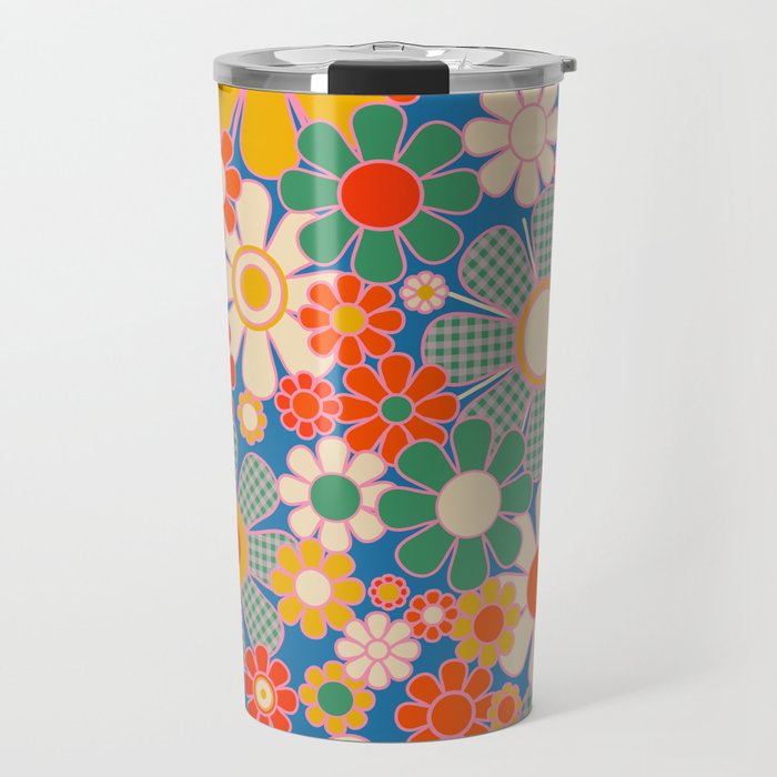 Retro Garden Gingham Flowers Vivid 60s 70s Floral Pattern Travel Mug Gallery Image 1
