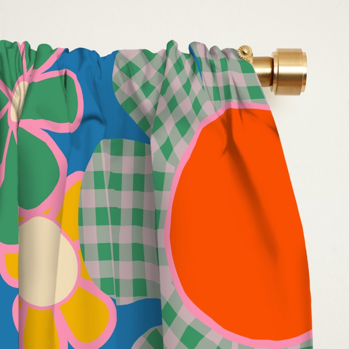 Retro Garden Gingham Flowers Vivid 60s 70s Floral Pattern Window Curtain Gallery Image 2