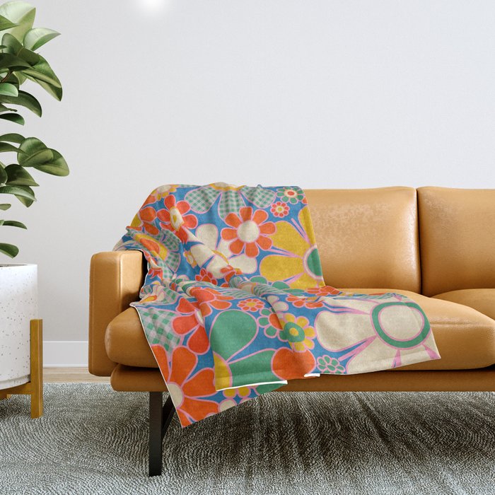 Retro Garden Gingham Flowers Vivid 60s 70s Floral Pattern Throw Blanket Gallery Image 1