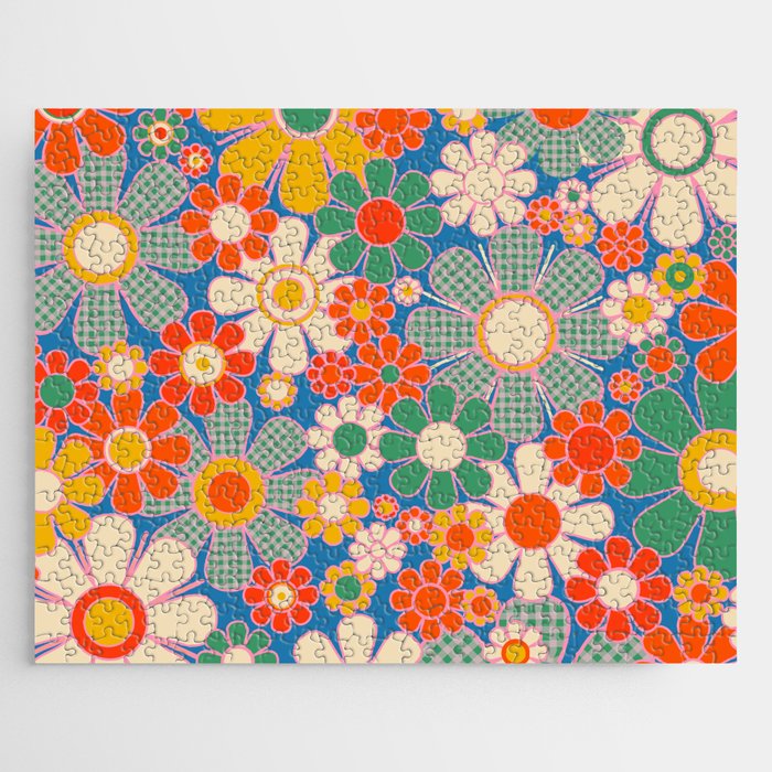 Retro Garden Gingham Flowers Vivid 60s 70s Floral Pattern Jigsaw Puzzle Gallery Image 1