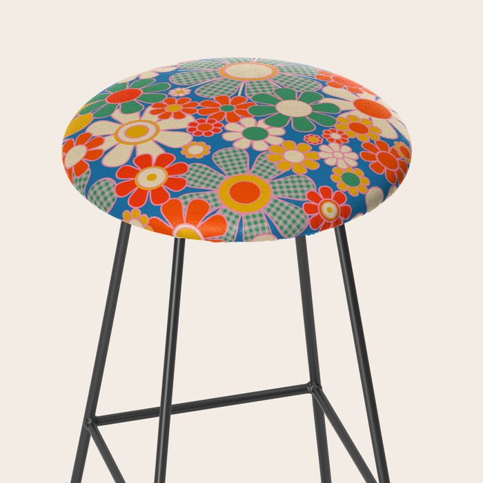 Retro Garden Gingham Flowers Vivid 60s 70s Floral Pattern Stool Gallery Image 2