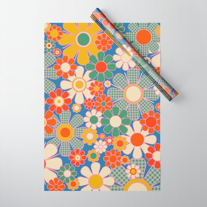 Retro Garden Gingham Flowers Vivid 60s 70s Floral Pattern Wrapping Paper Gallery Image 1