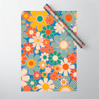 Retro Garden Gingham Flowers Vivid 60s 70s Floral Pattern Wrapping Paper Gallery Image 1