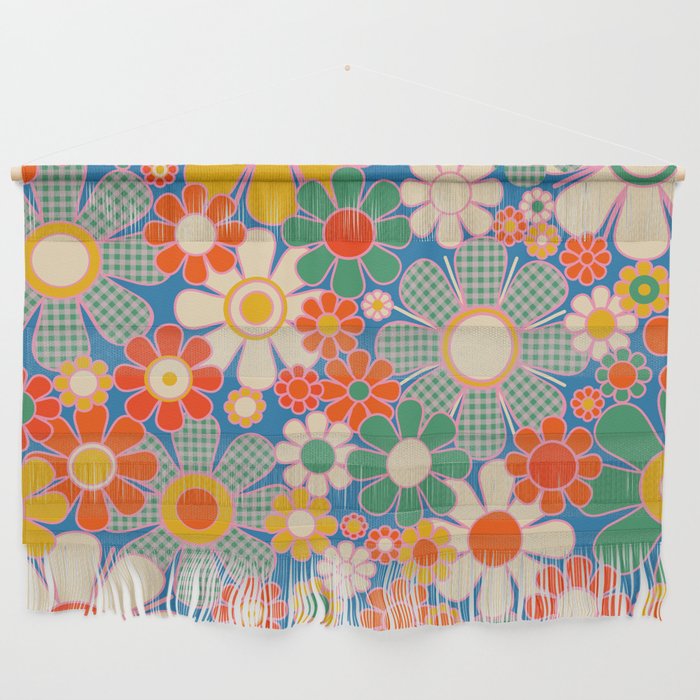 Retro Garden Gingham Flowers Vivid 60s 70s Floral Pattern Wall Hanging Gallery Image 1