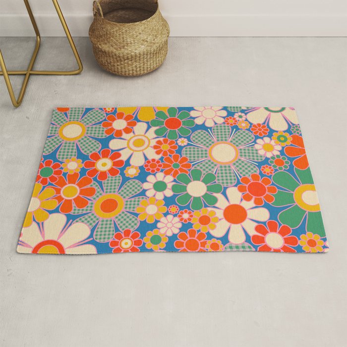 Retro Garden Gingham Flowers Vivid 60s 70s Floral Pattern Rug Gallery Image 1