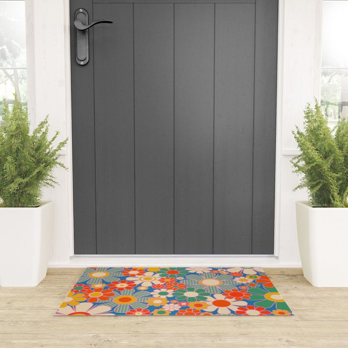 Retro Garden Gingham Flowers Vivid 60s 70s Floral Pattern Welcome Mat Gallery Image 3