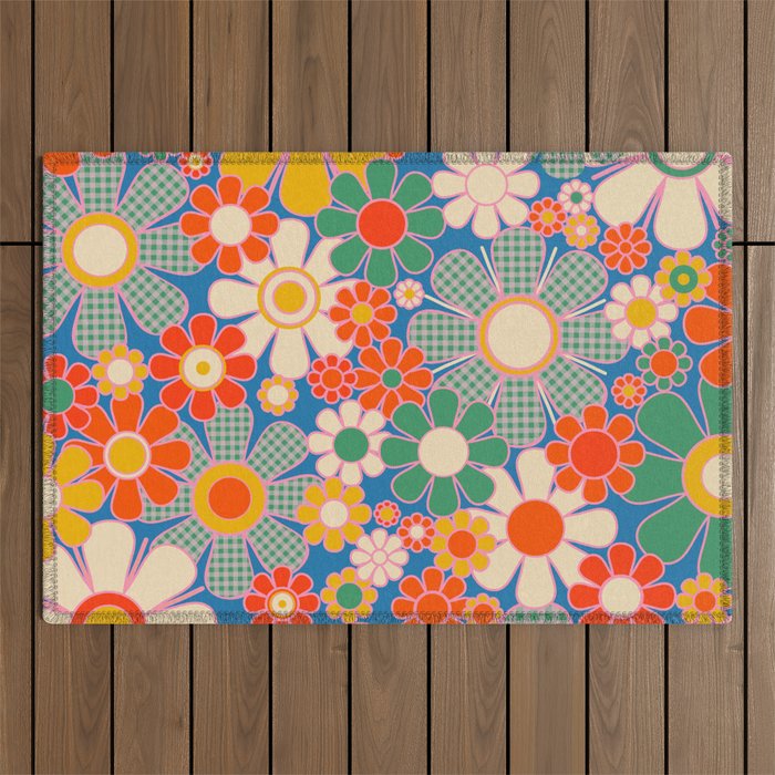 Retro Garden Gingham Flowers Vivid 60s 70s Floral Pattern Outdoor Rug Gallery Image 1