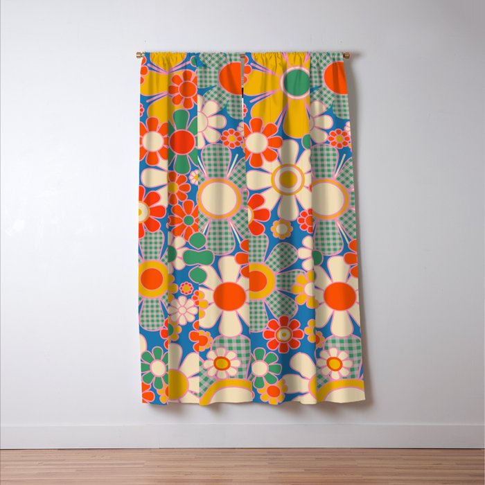 Retro Garden Gingham Flowers Vivid 60s 70s Floral Pattern Window Curtain Gallery Image 3