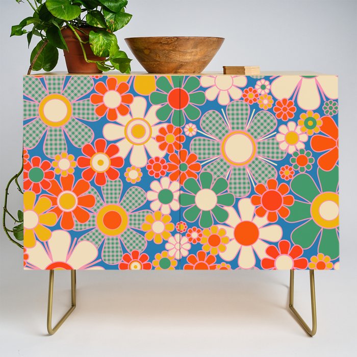 Retro Garden Gingham Flowers Vivid 60s 70s Floral Pattern Credenza Gallery Image 1