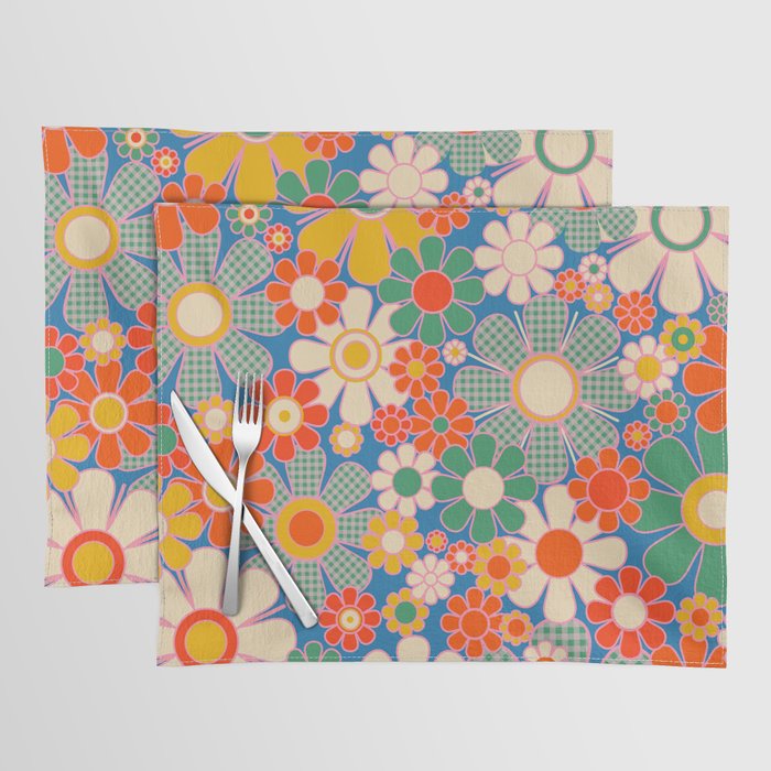 Retro Garden Gingham Flowers Vivid 60s 70s Floral Pattern Placemat Gallery Image 1