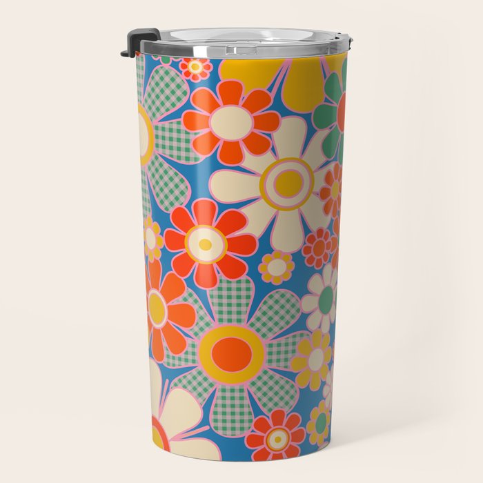 Retro Garden Gingham Flowers Vivid 60s 70s Floral Pattern Travel Mug Gallery Image 3