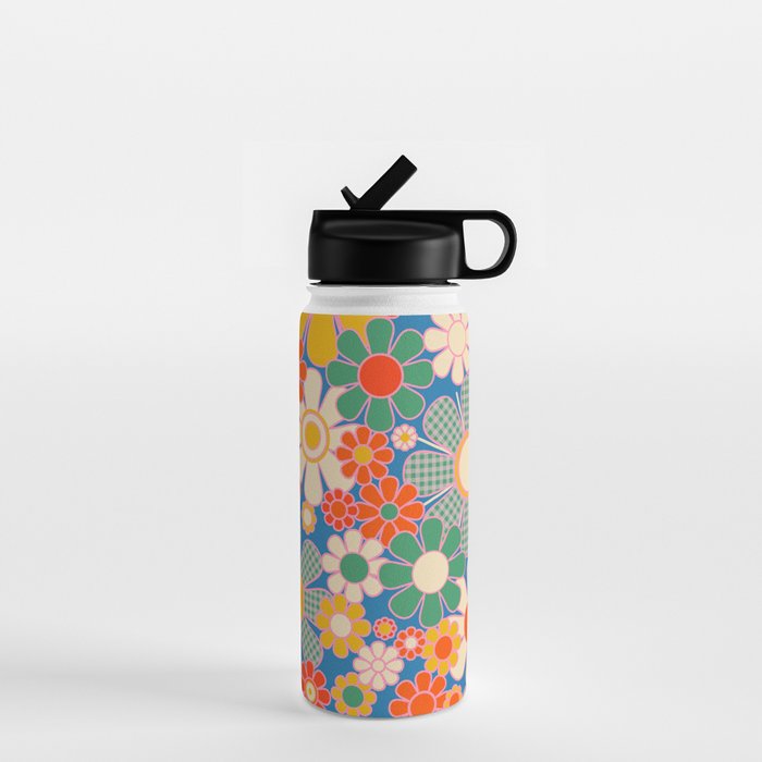Retro Garden Gingham Flowers Vivid 60s 70s Floral Pattern Water Bottle Gallery Image 1