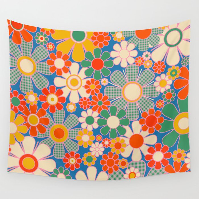 Retro Garden Gingham Flowers Vivid 60s 70s Floral Pattern Wall Tapestry Gallery Image 1