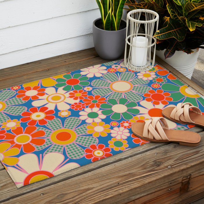 Retro Garden Gingham Flowers Vivid 60s 70s Floral Pattern Outdoor Rug Gallery Image 2