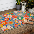 Retro Garden Gingham Flowers Vivid 60s 70s Floral Pattern Outdoor Rug Gallery Image 2