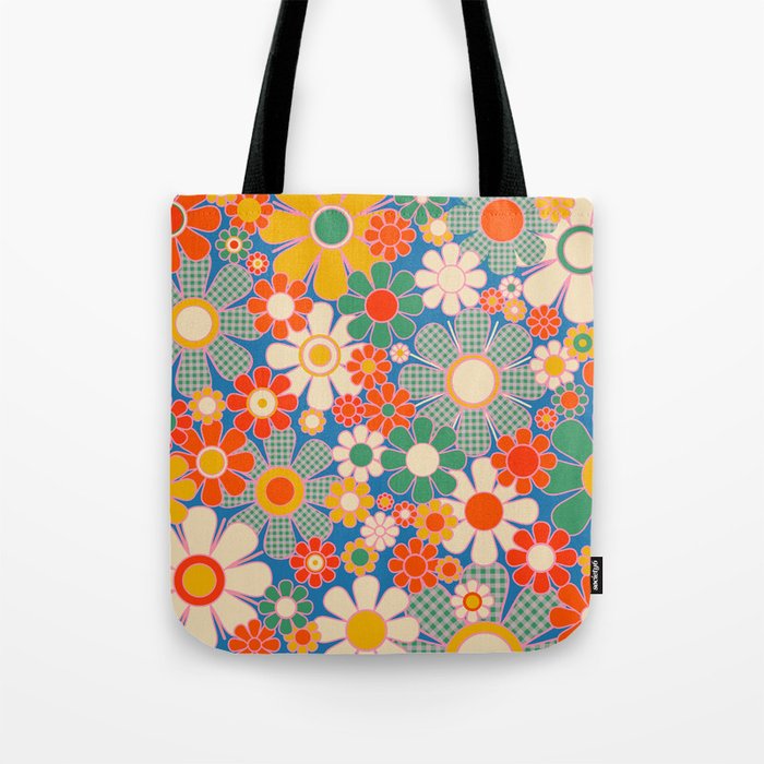 Retro Garden Gingham Flowers Vivid 60s 70s Floral Pattern Tote Bag Gallery Image 1