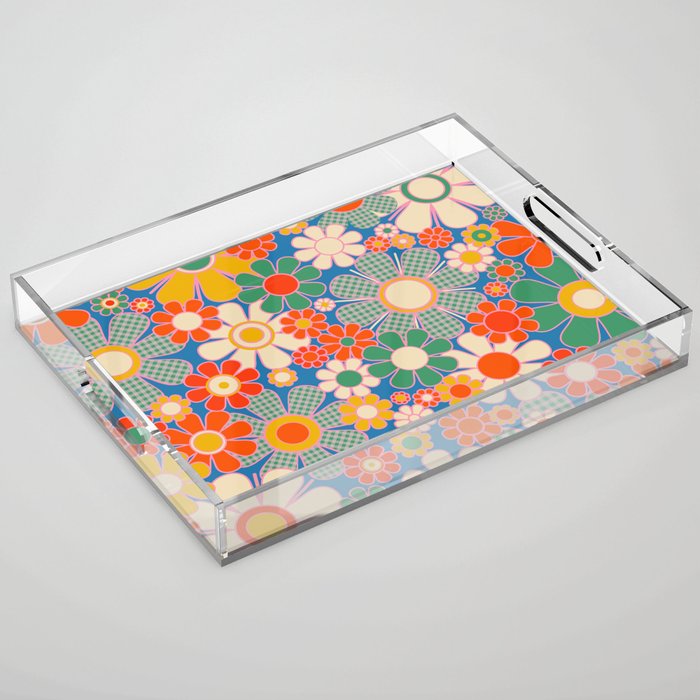 Retro Garden Gingham Flowers Vivid 60s 70s Floral Pattern Acrylic Tray Gallery Image 1