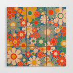 Retro Garden Gingham Flowers Vivid 60s 70s Floral Pattern Wood Wall Art Gallery Image 1