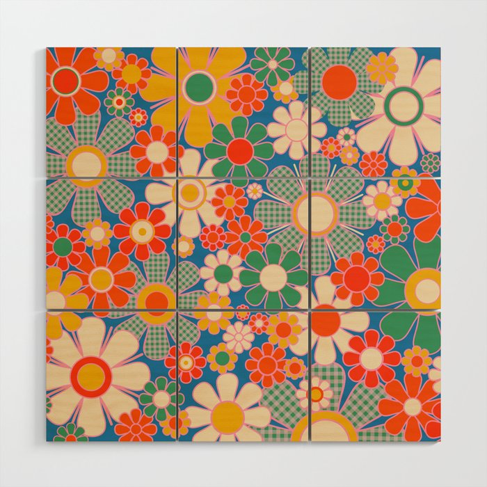 Retro Garden Gingham Flowers Vivid 60s 70s Floral Pattern Wood Wall Art Gallery Image 1