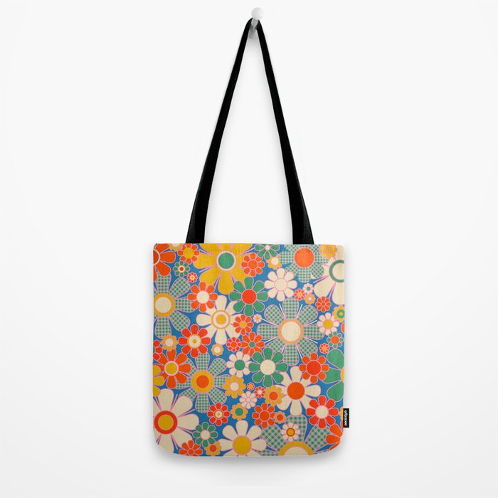 Retro Garden Gingham Flowers Vivid 60s 70s Floral Pattern Tote Bag Gallery Image 2