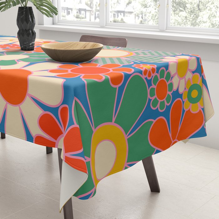 Retro Garden Gingham Flowers Vivid 60s 70s Floral Pattern Tablecloth Gallery Image 3