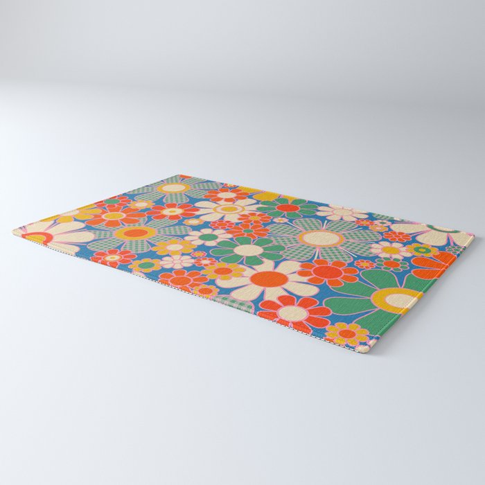 Retro Garden Gingham Flowers Vivid 60s 70s Floral Pattern Rug Gallery Image 3