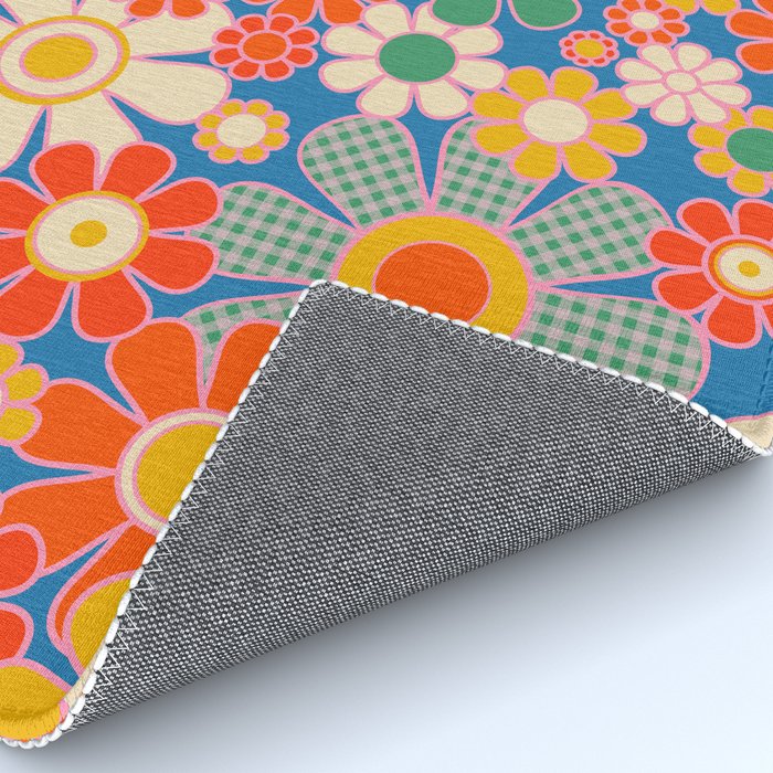 Retro Garden Gingham Flowers Vivid 60s 70s Floral Pattern Rug Gallery Image 4