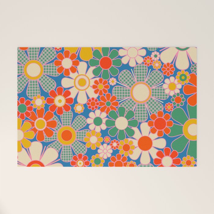 Retro Garden Gingham Flowers Vivid 60s 70s Floral Pattern Welcome Mat Gallery Image 1