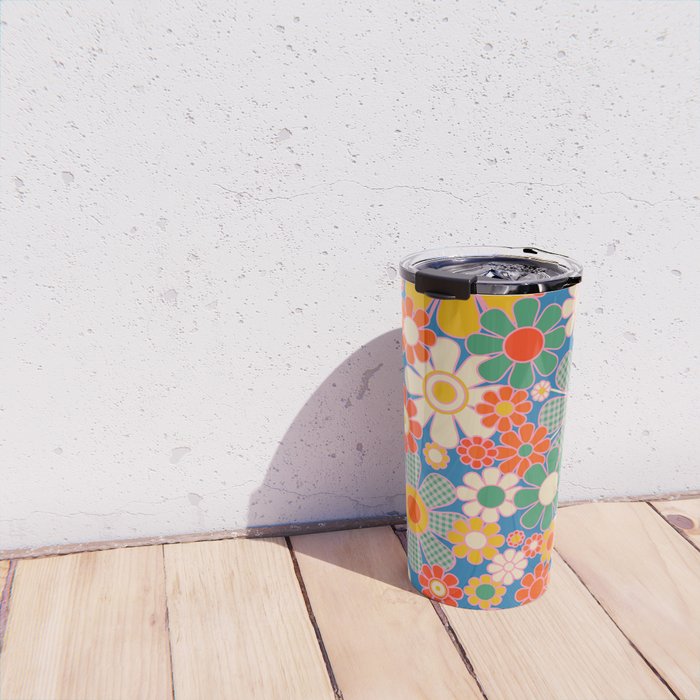 Retro Garden Gingham Flowers Vivid 60s 70s Floral Pattern Travel Mug Gallery Image 4