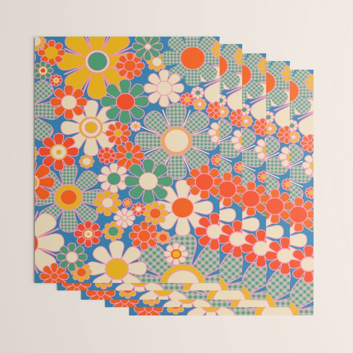 Retro Garden Gingham Flowers Vivid 60s 70s Floral Pattern Wrapping Paper Gallery Image 3
