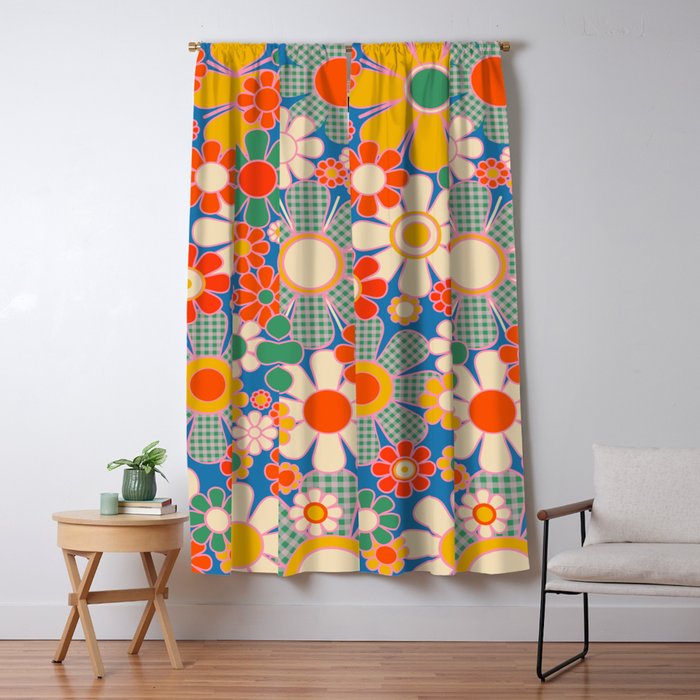 Retro Garden Gingham Flowers Vivid 60s 70s Floral Pattern Window Curtain Gallery Image 1