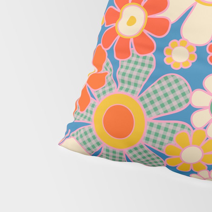 Retro Garden Gingham Flowers Vivid 60s 70s Floral Pattern Pillow Sham Gallery Image 4
