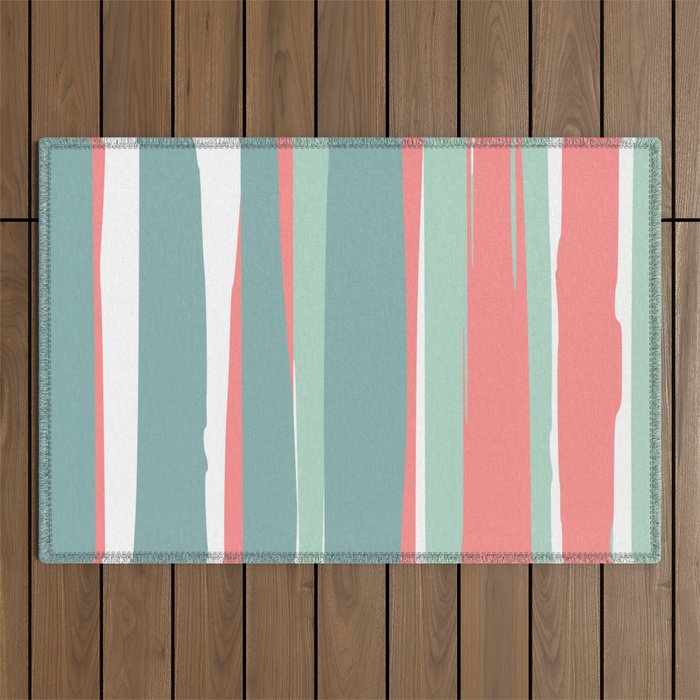 Festive, Abstract, Colorful Stripes, Coral and Teal Green Outdoor Rug Gallery Image 1