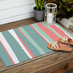 Festive, Abstract, Colorful Stripes, Coral and Teal Green Outdoor Rug Gallery Image 2