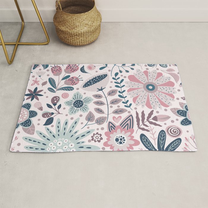Whimsical Playful Flower Garden, Floral Prints Pink and Teal Rug Gallery Image 1