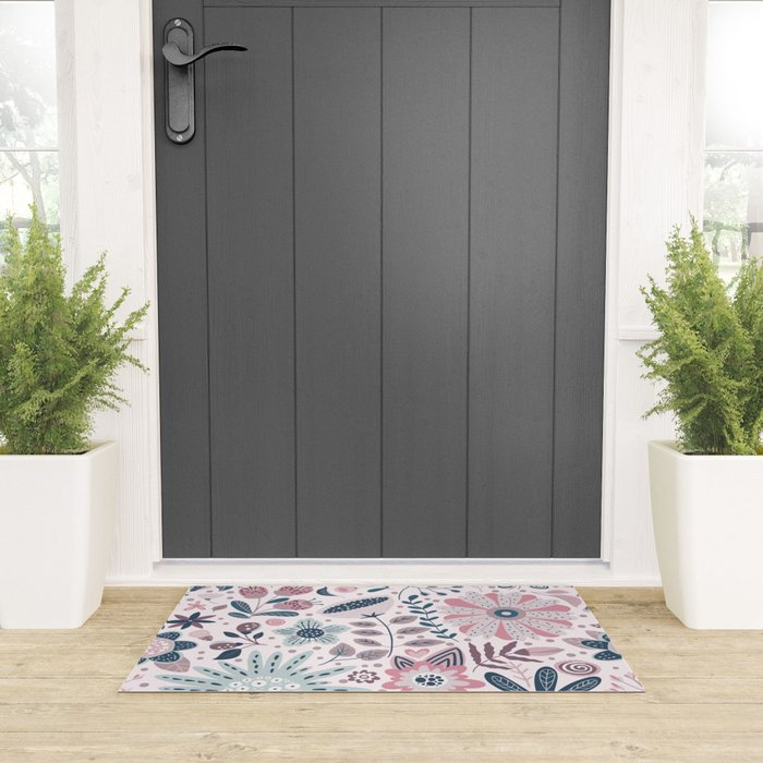Whimsical Playful Flower Garden, Floral Prints Pink and Teal Welcome Mat Gallery Image 3