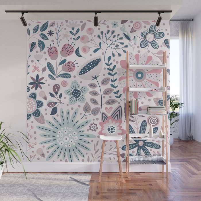 Whimsical Playful Flower Garden, Floral Prints Pink and Teal Wall Mural Gallery Image 1