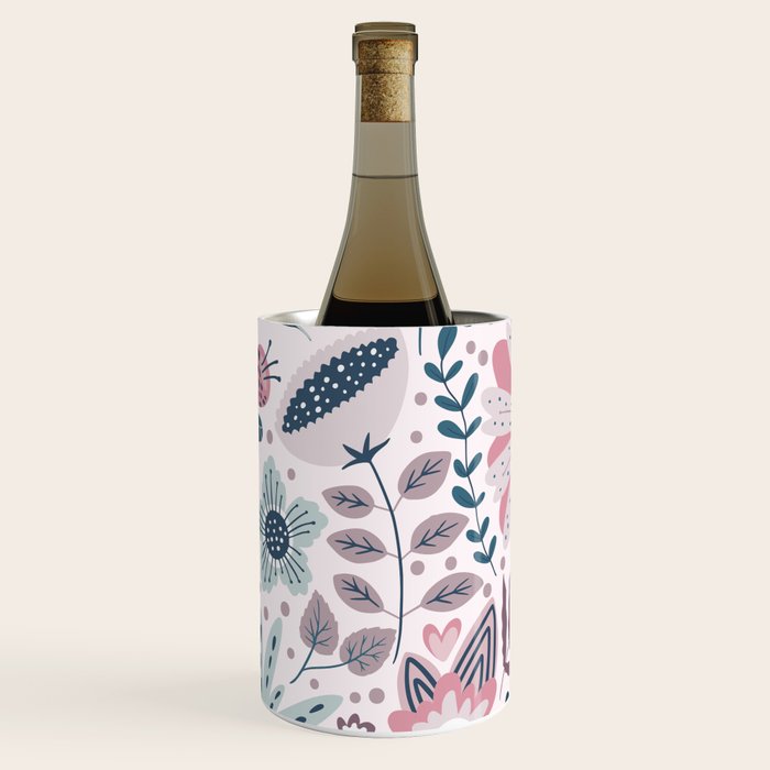 Whimsical Playful Flower Garden, Floral Prints Pink and Teal Wine Chiller Gallery Image 1
