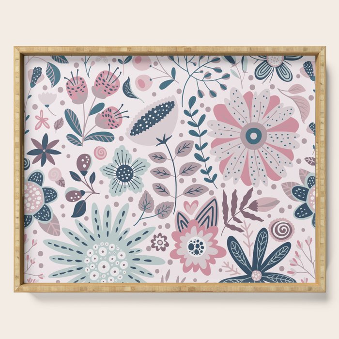 Whimsical Playful Flower Garden, Floral Prints Pink and Teal Serving Tray Gallery Image 1