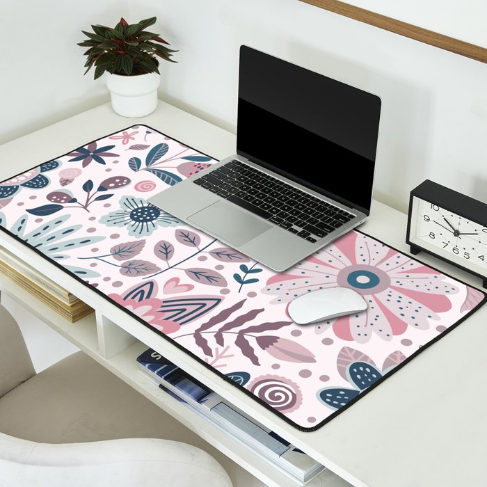 Whimsical Playful Flower Garden, Floral Prints Pink and Teal Desk Mat Gallery Image 2