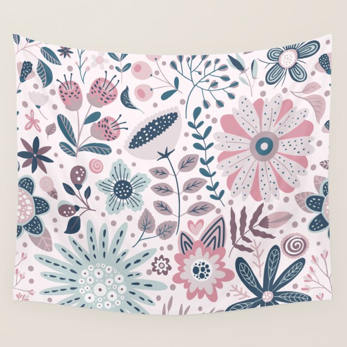 Whimsical Playful Flower Garden, Floral Prints Pink and Teal Wall Tapestry Gallery Image 4